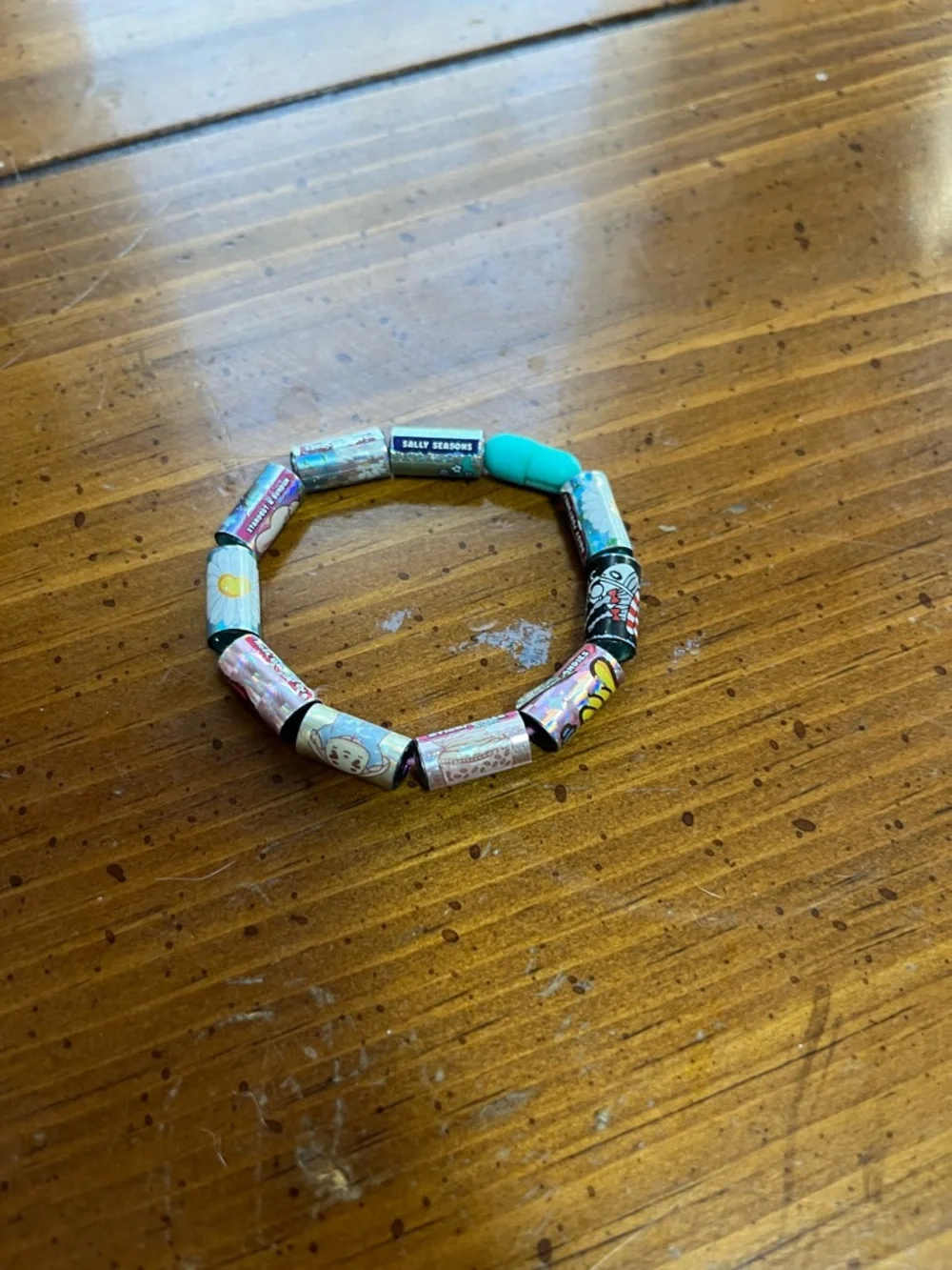 Handmade Paper Bead Stretch Bracelet in Aqua, Pink, Black